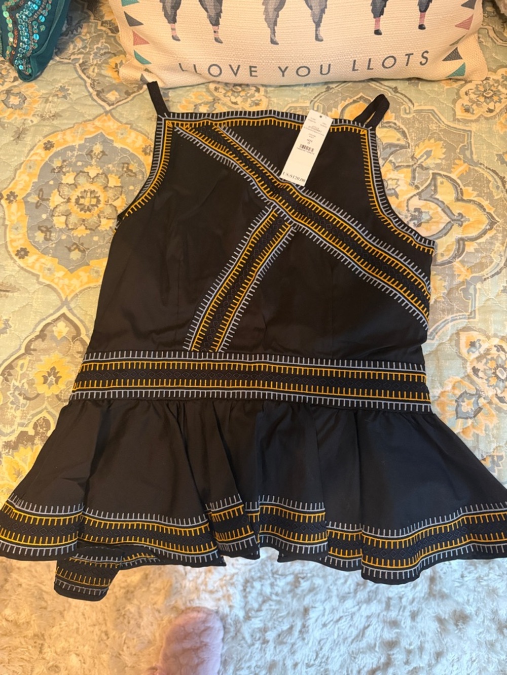 White House Black Market Black Peplum Tank with Yellow & White Trim